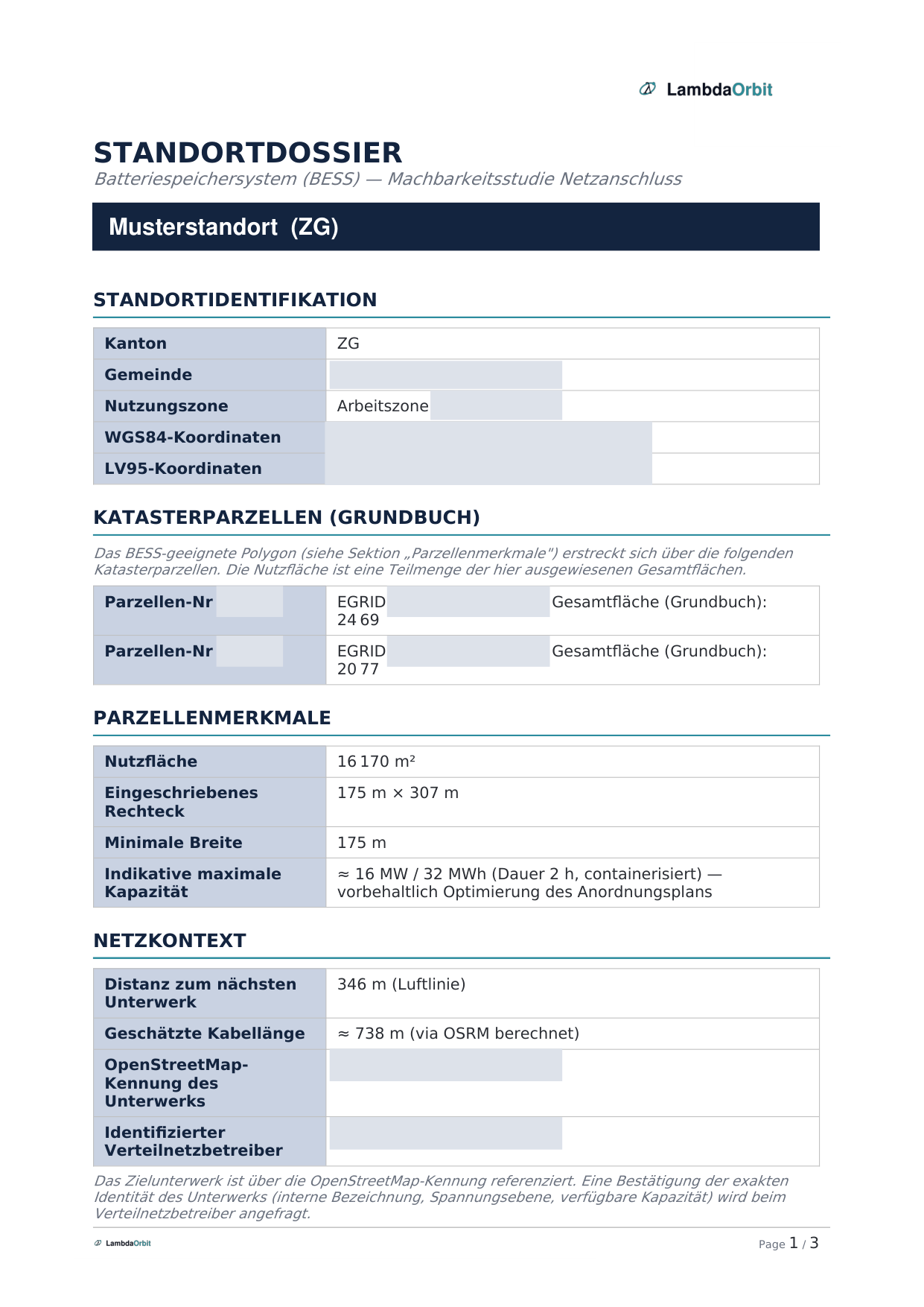 Site dossier page 1: identification, parcels and grid context