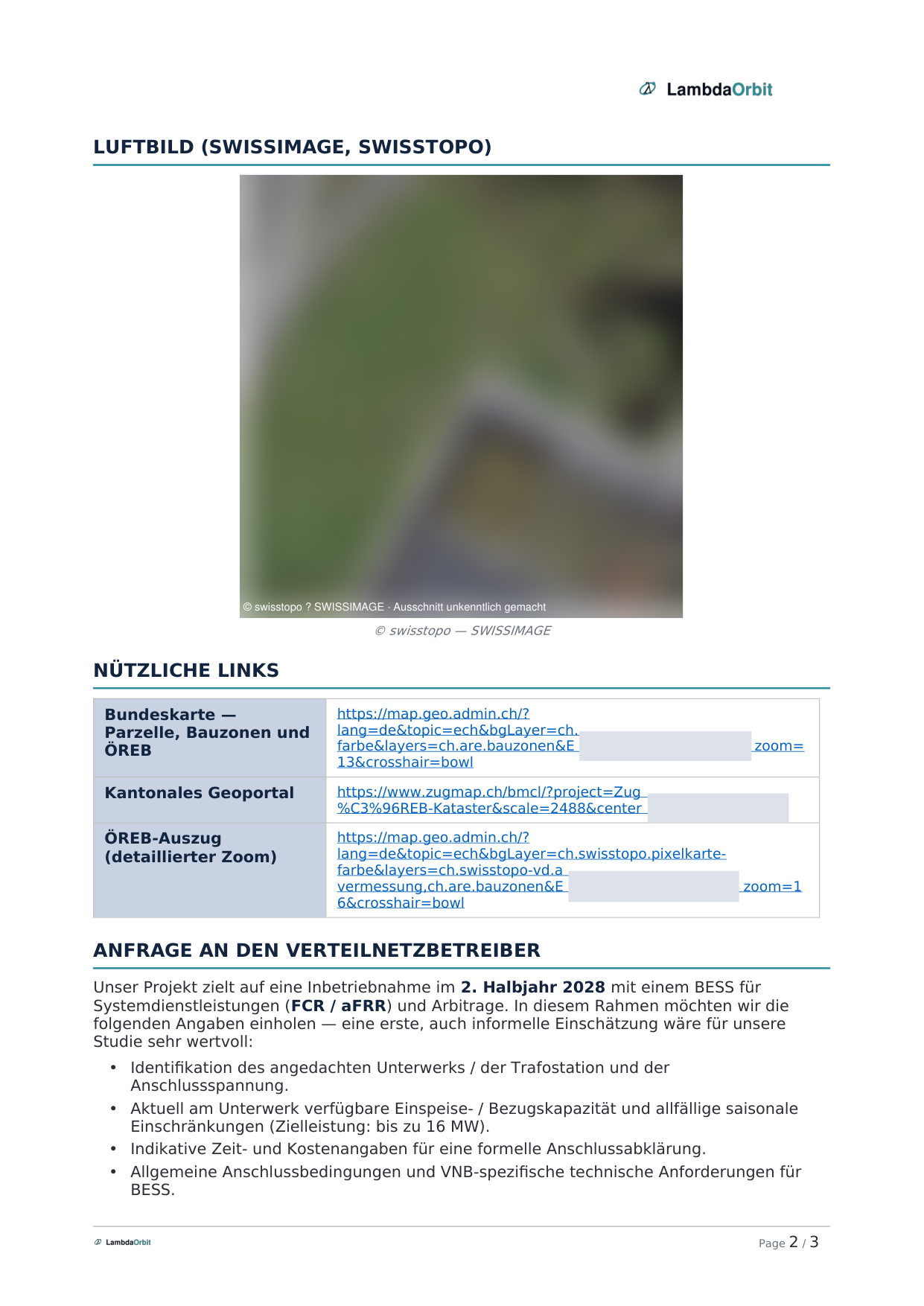 Site dossier page 2: aerial view, official map links and grid-operator request